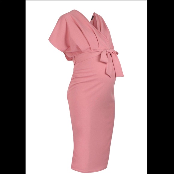 Boohoo Maternity Wrap Tie Waist Midi Bodycon Pink Size 12 - Picture 2 of 11